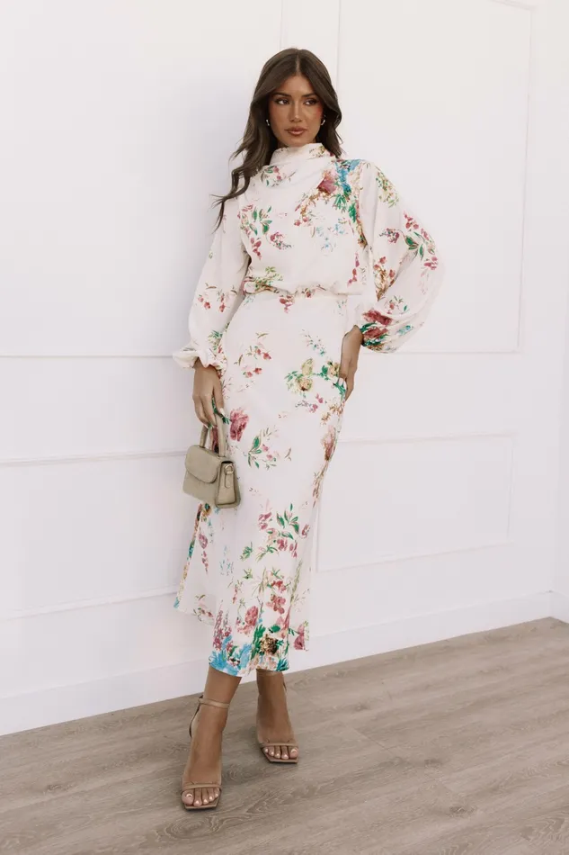Satin Dresses Women Petal and Pup Sophia Long Sleeve Dress White Floral