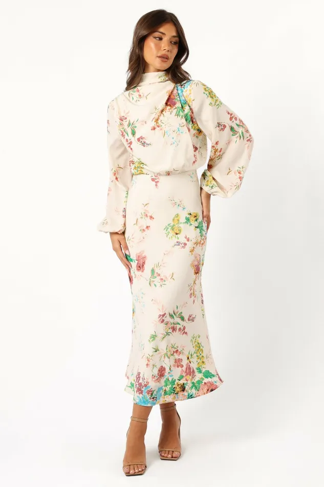 Satin Dresses Women Petal and Pup Sophia Long Sleeve Dress White Floral