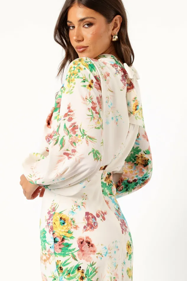 Satin Dresses Women Petal and Pup Sophia Long Sleeve Dress White Floral