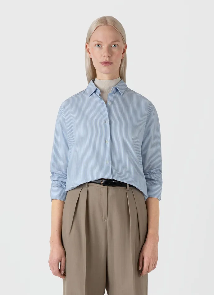 Shirts and Blouses Women Cotton Shirt Light BlueWhite ussunspel