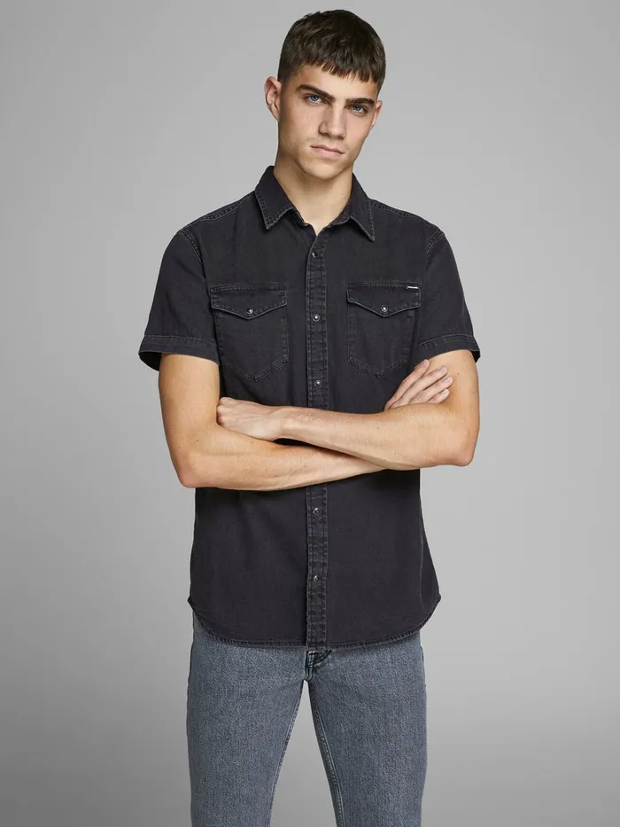 Shirts JACK and JONES Mens BASIC SHORT SLEEVED SHIRT Black Black Denim Near Me
