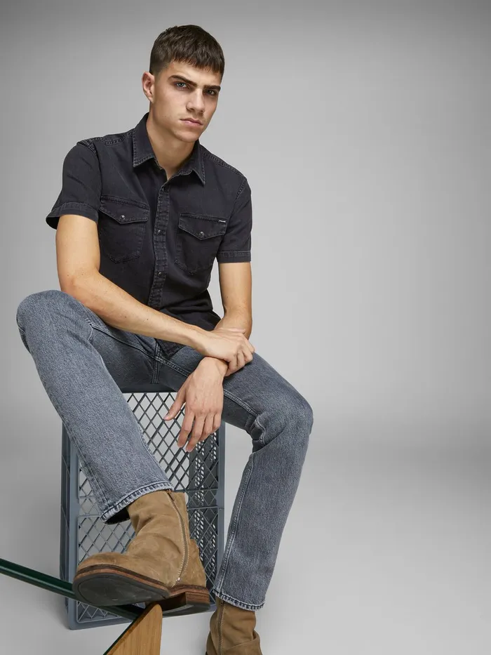 Shirts JACK and JONES Mens BASIC SHORT SLEEVED SHIRT Black Black Denim Near Me