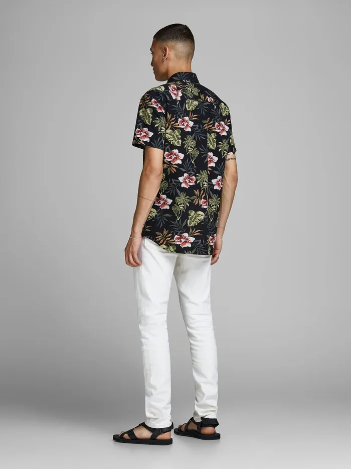 Shirts JACK and JONES Mens BOTANICAL PRINT SHORT SLEEVED SHIRT Black Black Cheap On Sale