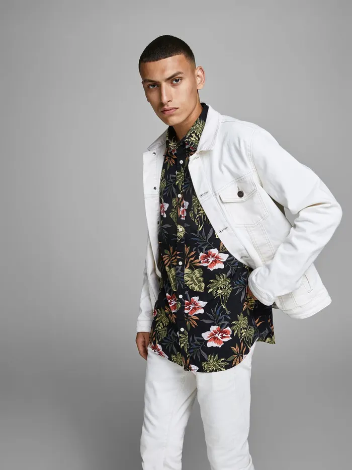 Shirts JACK and JONES Mens BOTANICAL PRINT SHORT SLEEVED SHIRT Black Black Cheap On Sale