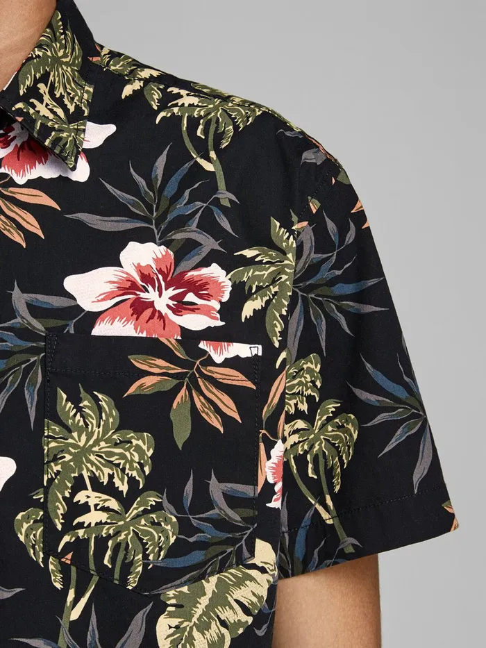 Shirts JACK and JONES Mens BOTANICAL PRINT SHORT SLEEVED SHIRT Black Black Cheap On Sale