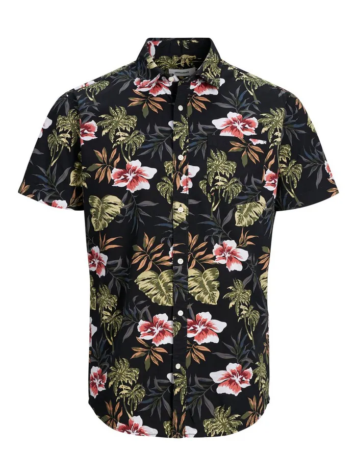 Shirts JACK and JONES Mens BOTANICAL PRINT SHORT SLEEVED SHIRT Black Black Cheap On Sale