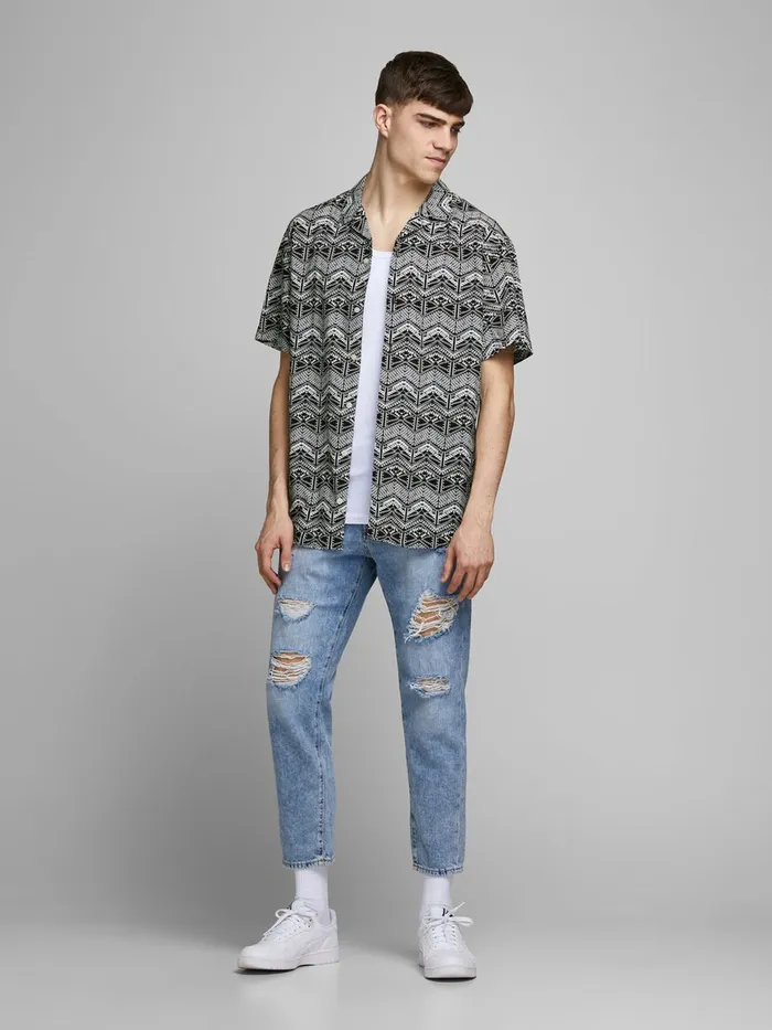 Shirts JACK and JONES Mens CUBAN COLLAR SHORT SLEEVED SHIRT Grey Black Gift Ideas