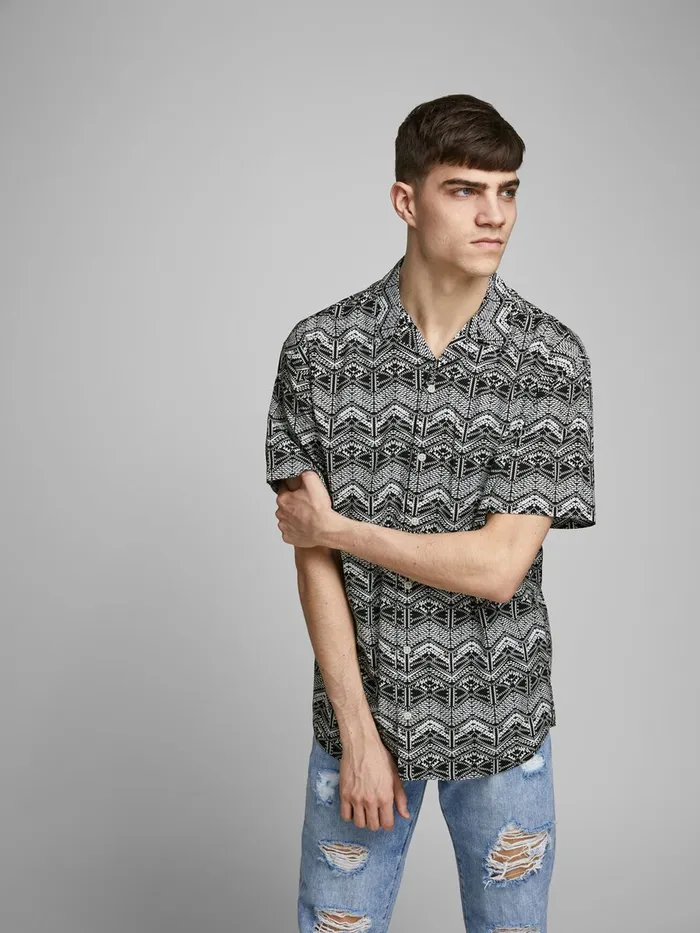 Shirts JACK and JONES Mens CUBAN COLLAR SHORT SLEEVED SHIRT Grey Black Gift Ideas