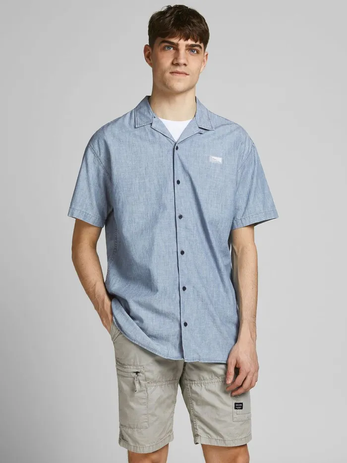 Shirts JACK and JONES Mens DEBOSSED BUTTON SHORT SLEEVED SHIRT Blue Chambray Blue Gift Ideas Shirts JACK and JONES Mens DEBOSSED BUTTON SHORT SLEEVED SHIRT Blue Chambray Blue Gift Ideas