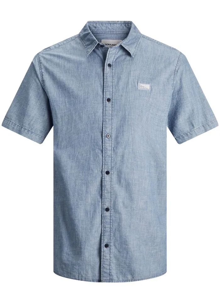 Shirts JACK and JONES Mens DEBOSSED BUTTON SHORT SLEEVED SHIRT Blue Chambray Blue Gift Ideas