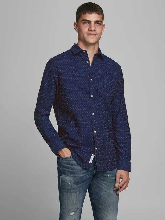 Shirts JACK and JONES Mens ONEPOCKET DOBBY SHIRT Blue Denim Blue Popular