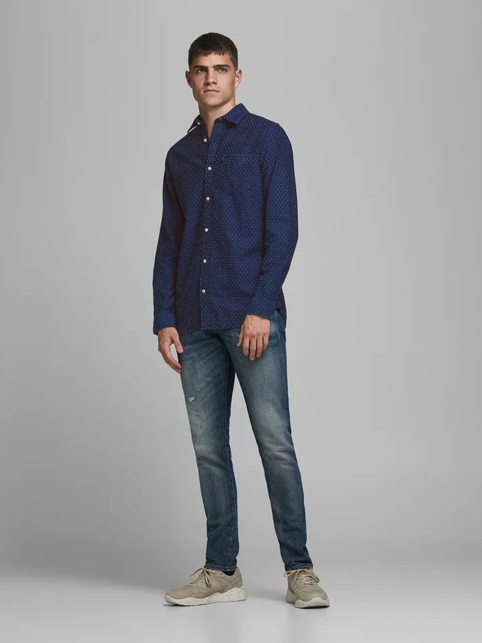 Shirts JACK and JONES Mens ONEPOCKET DOBBY SHIRT Blue Denim Blue Popular