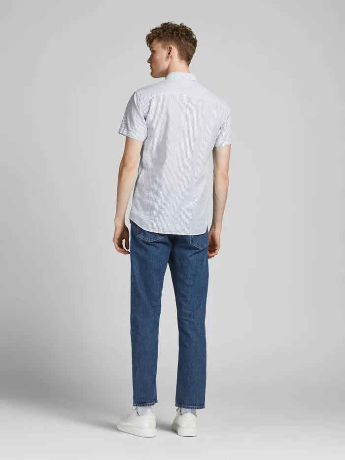 Shirts JACK and JONES Mens POPLIN LINEN BLEND SHORT SLEEVED SHIRT Blue Sea Pine Online