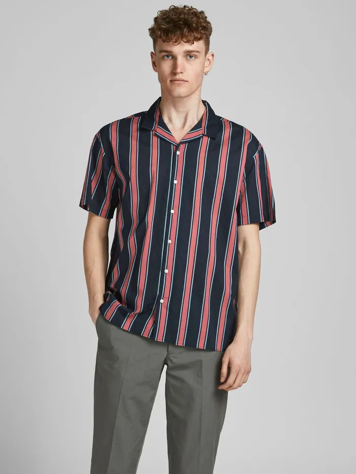 Shirts JACK and JONES Mens STRIPED CUBAN COLLAR SHORT SLEEVED SHIRT Blue Slate Rose Near Me