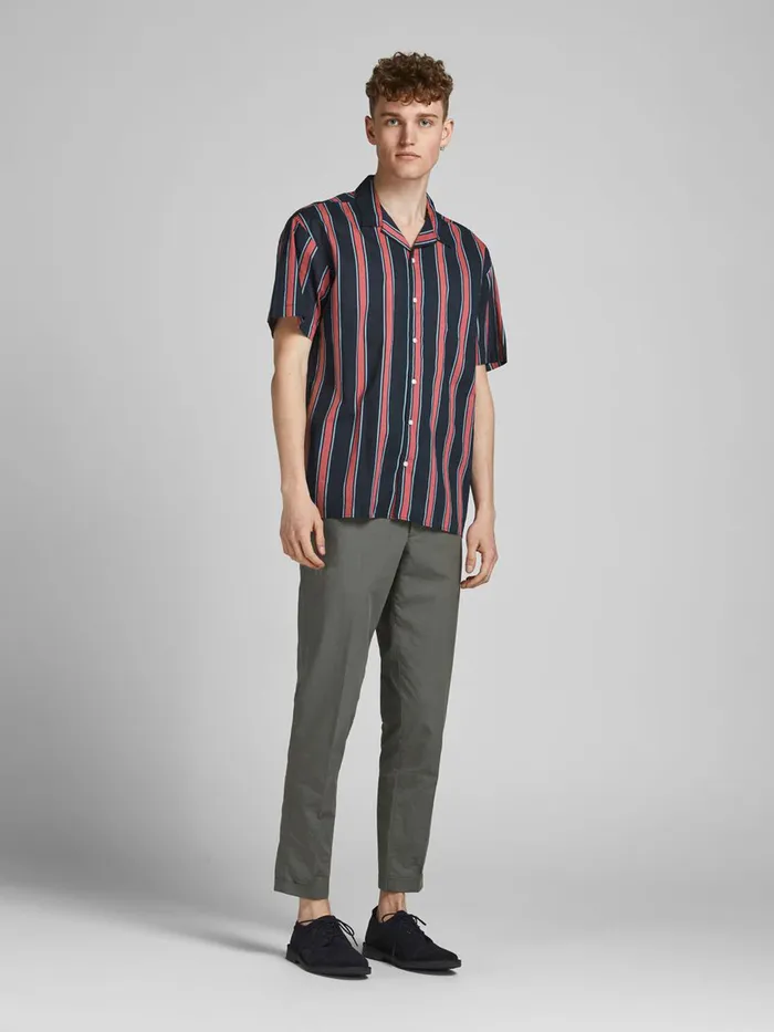 Shirts JACK and JONES Mens STRIPED CUBAN COLLAR SHORT SLEEVED SHIRT Blue Slate Rose Near Me