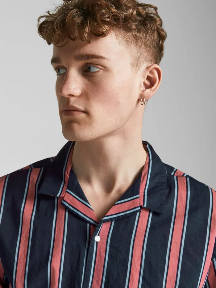 Shirts JACK and JONES Mens STRIPED CUBAN COLLAR SHORT SLEEVED SHIRT Blue Slate Rose Near Me