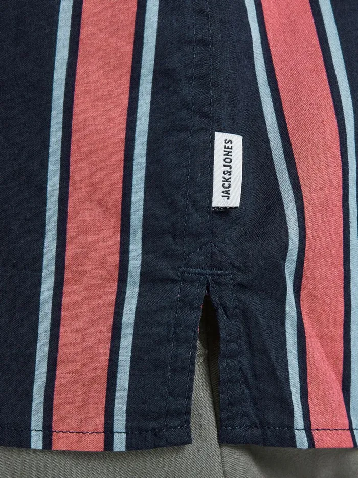 Shirts JACK and JONES Mens STRIPED CUBAN COLLAR SHORT SLEEVED SHIRT Blue Slate Rose Near Me