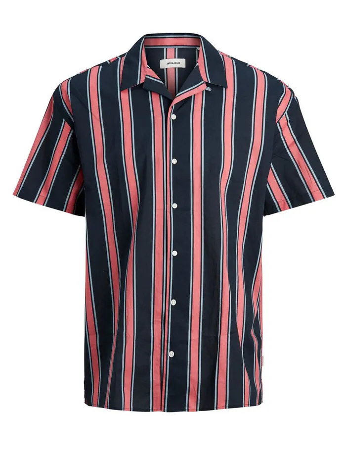 Shirts JACK and JONES Mens STRIPED CUBAN COLLAR SHORT SLEEVED SHIRT Blue Slate Rose Near Me