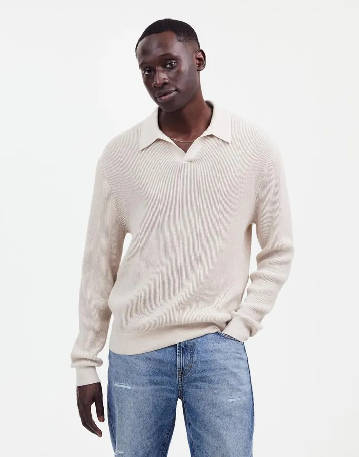 Shirts Men Madewell JohnnyCollar Sweater Polo Shirt In Merino Wool Hthr Alabaster