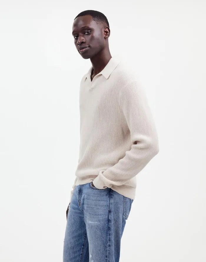 Shirts Men Madewell JohnnyCollar Sweater Polo Shirt In Merino Wool Hthr Alabaster