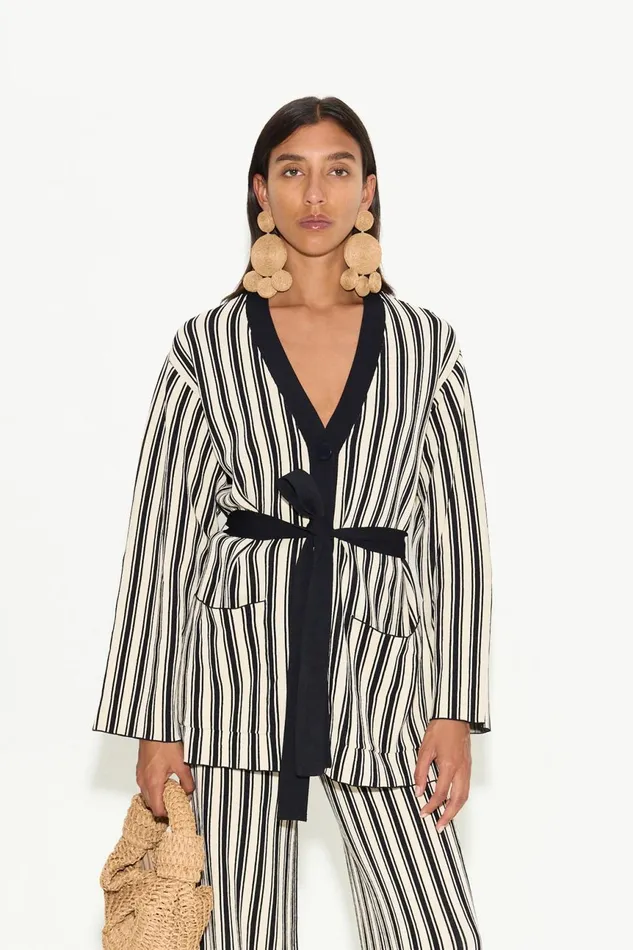 Simon Miller Tops Women Max Belted Knit Cardigan In BlackRice Flour Stripe