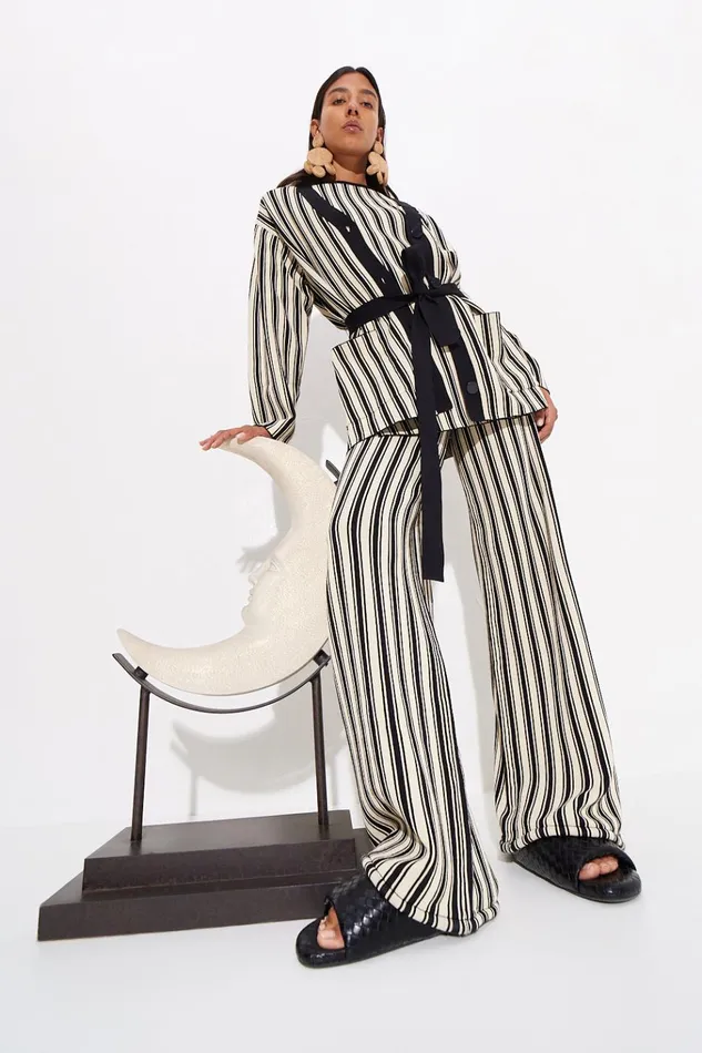 Simon Miller Tops Women Max Belted Knit Cardigan In BlackRice Flour Stripe Simon Miller Tops Women Max Belted Knit Cardigan In BlackRice Flour Stripe