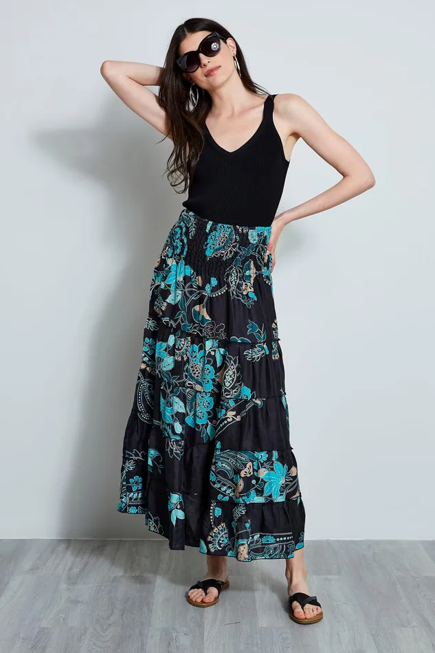 Skirts Women Elie Tahari Linen Print Maxi SkirtDress TEAL MULTI