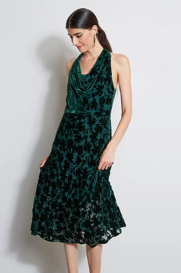 Sleeveless Dresses Women Elie Tahari Burn Out Velvet Halter Dress BOTTLE GREEN