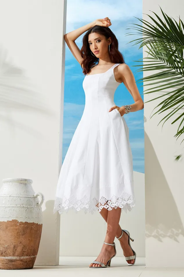 Sleeveless Dresses Women Elie Tahari Cotton Poplin Square Neck Dress WHITE