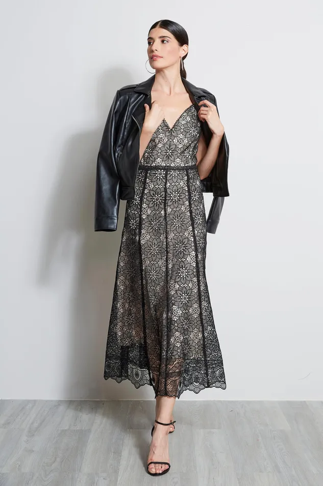 Sleeveless Dresses Women Elie Tahari Floral Lace Midi Dress BLACK