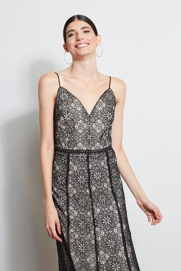 Sleeveless Dresses Women Elie Tahari Floral Lace Midi Dress BLACK