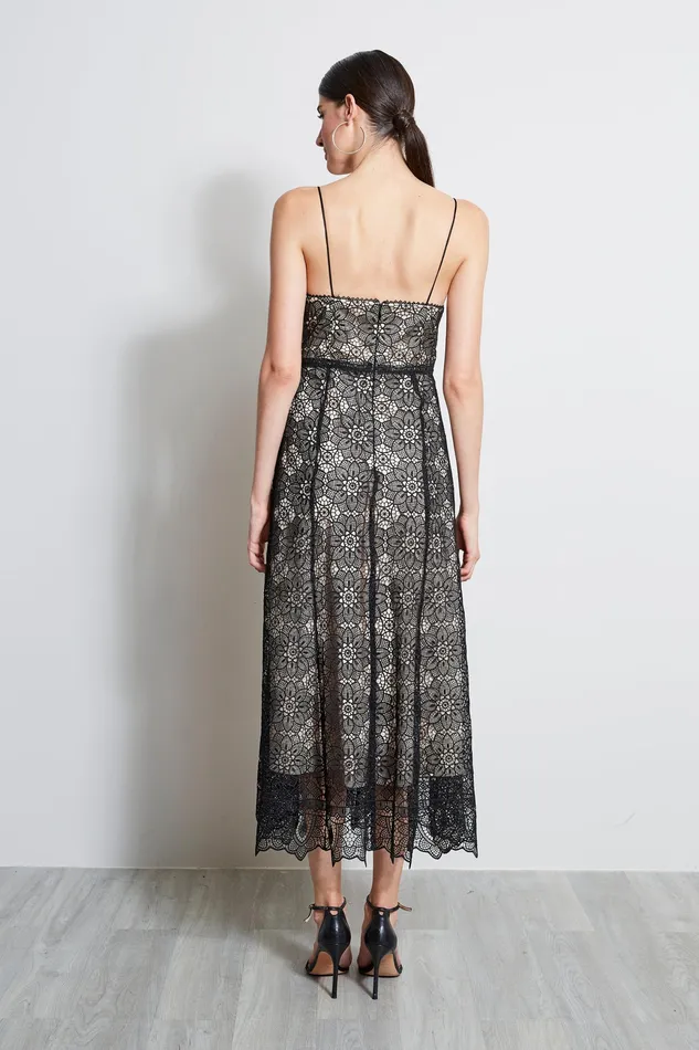 Sleeveless Dresses Women Elie Tahari Floral Lace Midi Dress BLACK