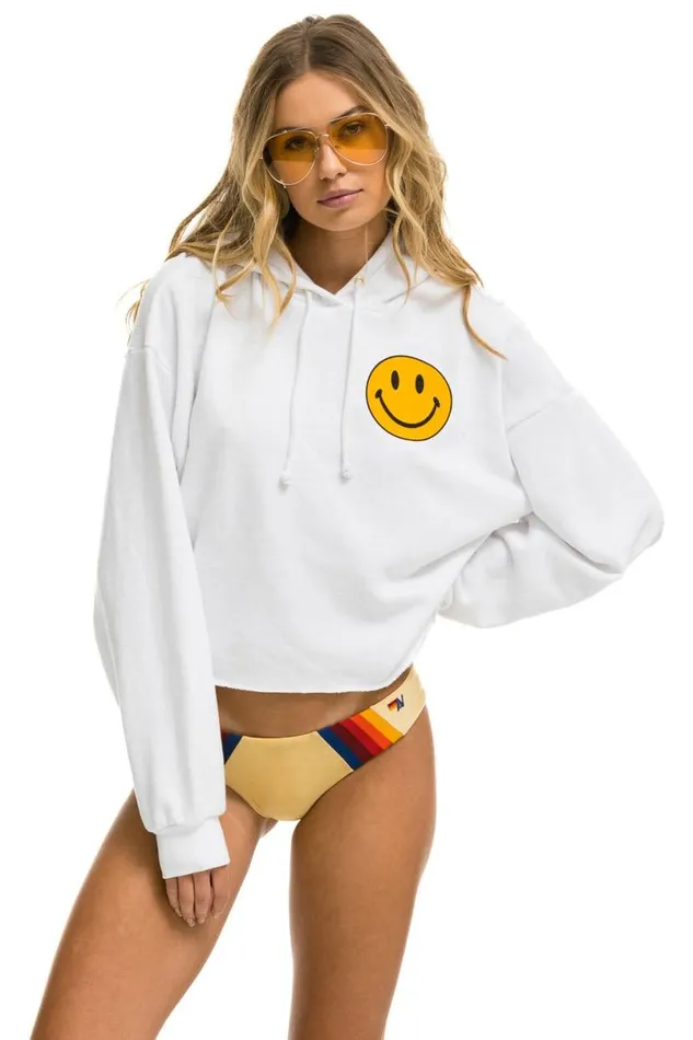 Smiley 2 Relaxed Cropped Pullover Hoodie 8211 White Women Aviator Nation Hoodies
