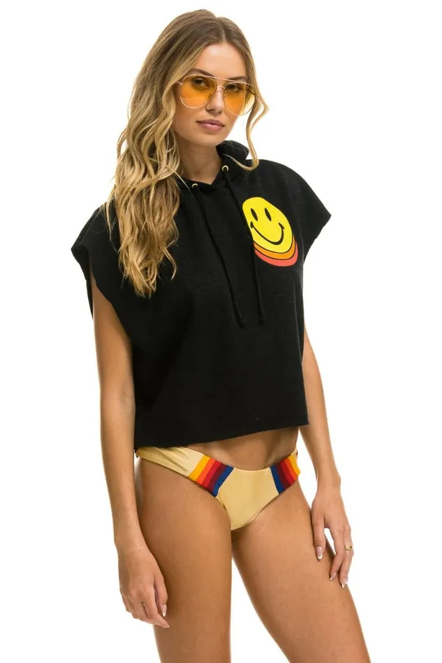 Smiley Sunset Sleeveless Relaxed Cropped Pullover Hoodie 8211 Black Women Aviator Nation Hoodies