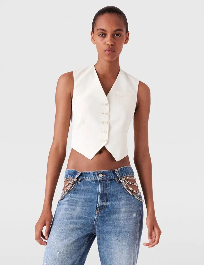 Stella McCartney Coats And Jackets Women Cropped Tailored Wool Vest Cream Stella McCartney Coats And Jackets Women Cropped Tailored Wool Vest Cream