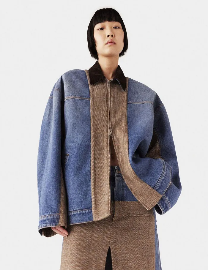 Stella McCartney Coats And Jackets Women Hybrid Panel Denim Barn Jacket Beige Tweed And Blue Denim Stella McCartney Coats And Jackets Women Hybrid Panel Denim Barn Jacket Beige Tweed And Blue Denim