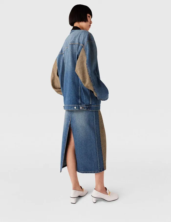 Stella McCartney Coats And Jackets Women Hybrid Panel Denim Barn Jacket Beige Tweed And Blue Denim Stella McCartney Coats And Jackets Women Hybrid Panel Denim Barn Jacket Beige Tweed And Blue Denim