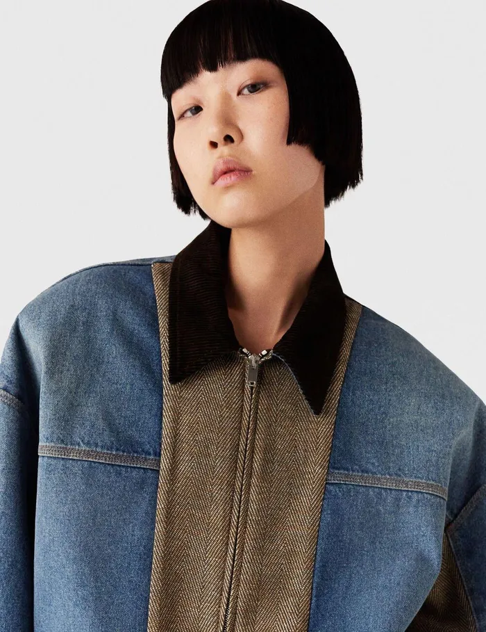 Stella McCartney Coats And Jackets Women Hybrid Panel Denim Barn Jacket Beige Tweed And Blue Denim Stella McCartney Coats And Jackets Women Hybrid Panel Denim Barn Jacket Beige Tweed And Blue Denim