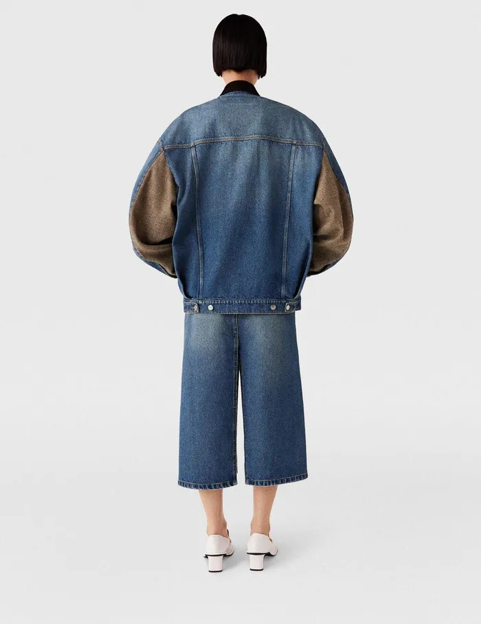 Stella McCartney Coats And Jackets Women Hybrid Panel Denim Barn Jacket Beige Tweed And Blue Denim Stella McCartney Coats And Jackets Women Hybrid Panel Denim Barn Jacket Beige Tweed And Blue Denim