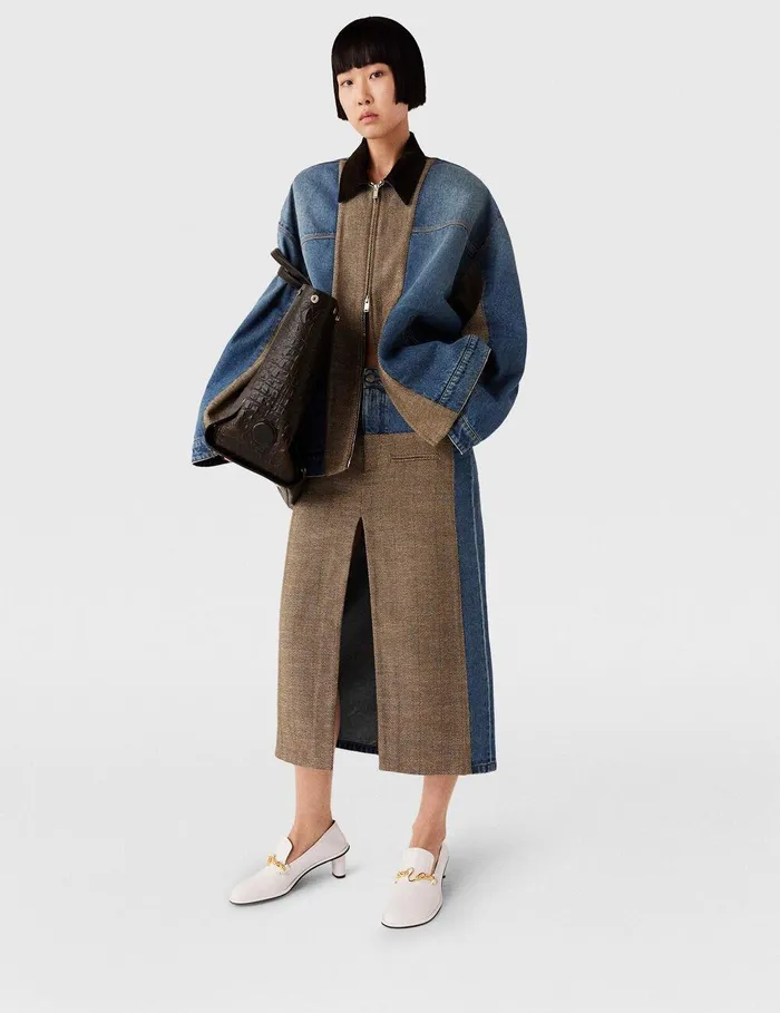 Stella McCartney Coats And Jackets Women Hybrid Panel Denim Barn Jacket Beige Tweed And Blue Denim Stella McCartney Coats And Jackets Women Hybrid Panel Denim Barn Jacket Beige Tweed And Blue Denim