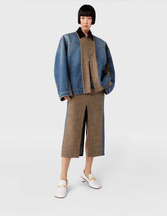Stella McCartney Coats And Jackets Women Hybrid Panel Denim Barn Jacket Beige Tweed And Blue Denim Stella McCartney Coats And Jackets Women Hybrid Panel Denim Barn Jacket Beige Tweed And Blue Denim