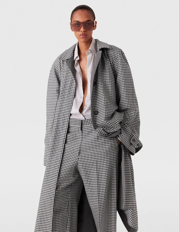 Stella McCartney Coats And Jackets Women Oversized Check Belted Trench Coat Cream And Black Stella McCartney Coats And Jackets Women Oversized Check Belted Trench Coat Cream And Black