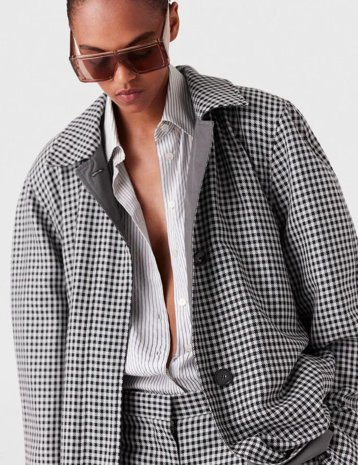 Stella McCartney Coats And Jackets Women Oversized Check Belted Trench Coat Cream And Black Stella McCartney Coats And Jackets Women Oversized Check Belted Trench Coat Cream And Black