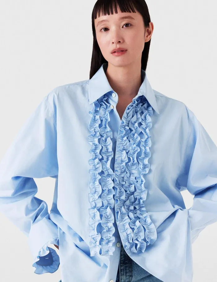Stella McCartney Shirts And Tops Women Ruffled Panel Oxford Shirt Sky Blue Stella McCartney Shirts And Tops Women Ruffled Panel Oxford Shirt Sky Blue