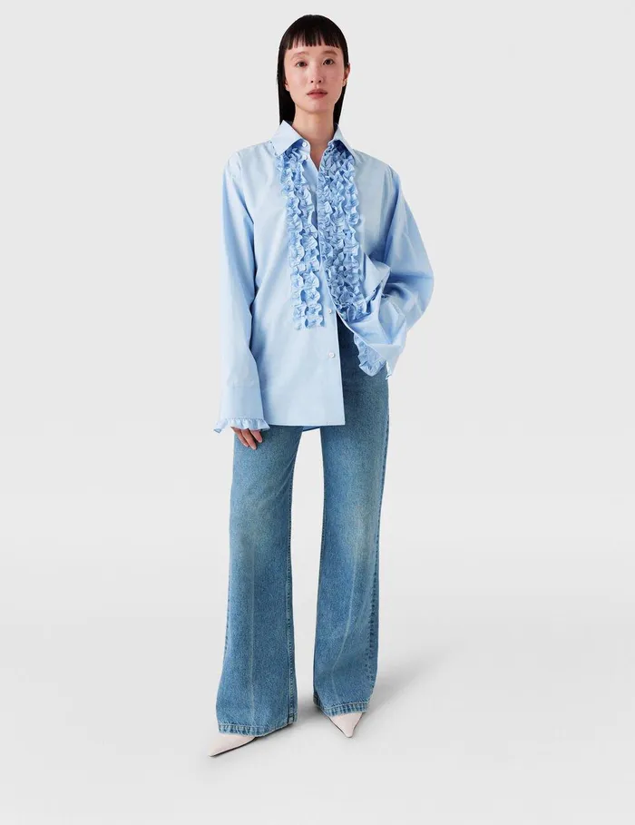 Stella McCartney Shirts And Tops Women Ruffled Panel Oxford Shirt Sky Blue Stella McCartney Shirts And Tops Women Ruffled Panel Oxford Shirt Sky Blue