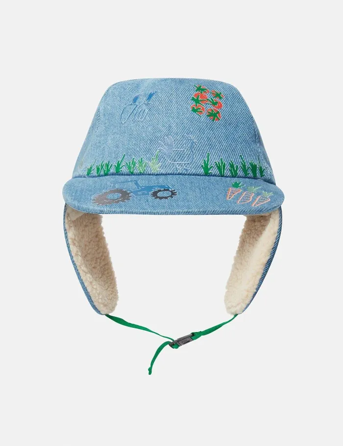 Stella McCartney Shoes And Accessories Kids Farmyard Embroidered Hat With Ear Flaps Blue Stella McCartney Shoes And Accessories Kids Farmyard Embroidered Hat With Ear Flaps Blue