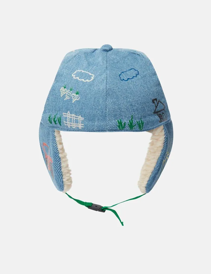 Stella McCartney Shoes And Accessories Kids Farmyard Embroidered Hat With Ear Flaps Blue Stella McCartney Shoes And Accessories Kids Farmyard Embroidered Hat With Ear Flaps Blue