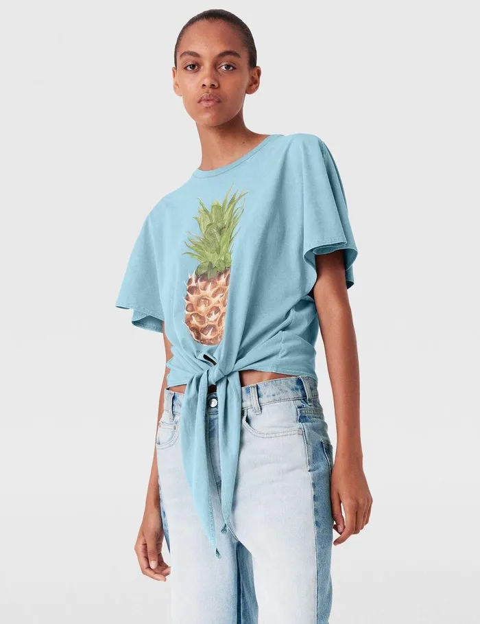 Stella McCartney Sweatshirts And TShirts Women Pineapple Tiefront Cotton TShirt Washed Light Blue Stella McCartney Sweatshirts And TShirts Women Pineapple Tiefront Cotton TShirt Washed Light Blue