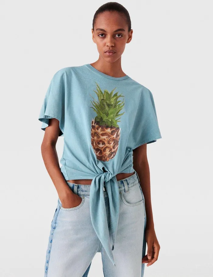 Stella McCartney Sweatshirts And TShirts Women Pineapple Tiefront Cotton TShirt Washed Light Blue Stella McCartney Sweatshirts And TShirts Women Pineapple Tiefront Cotton TShirt Washed Light Blue
