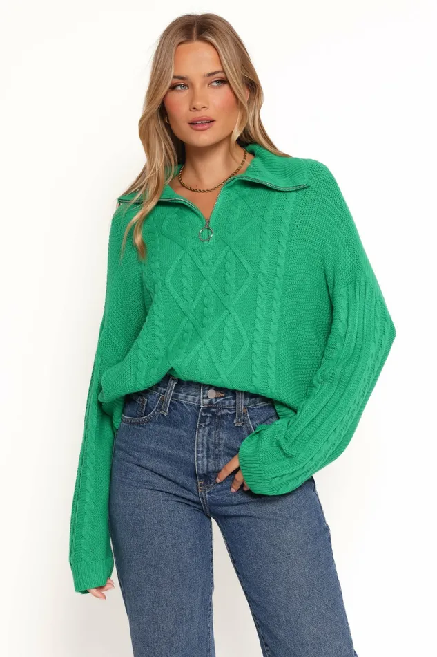 Sweaters Petal and Pup Women Leon Quarter Zip Cable Knit Sweater Green